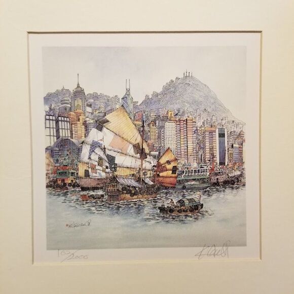 Chan Kau On's Hong Kong Harbour View of Hong Kong Signed Print Sail Boats Art - Picture 1 of 9